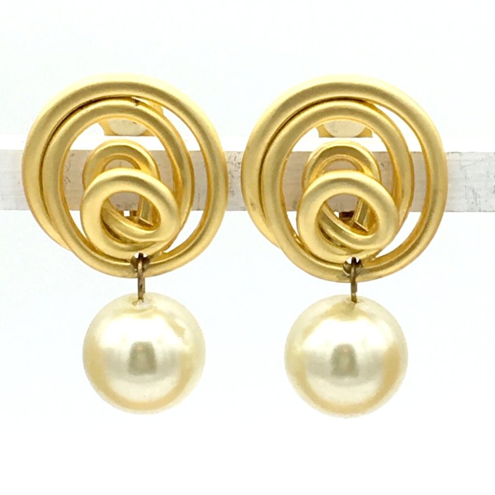 NORMA JEAN vintage runway clip-on earrings - brushed gold-tone faux pearl drop